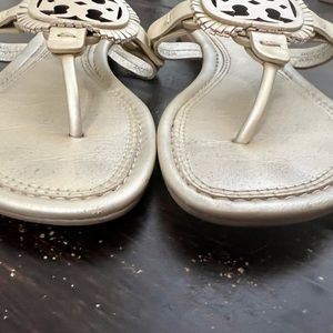 Tory Burch Miller Fringe Flat Leather Logo Sandals Gold